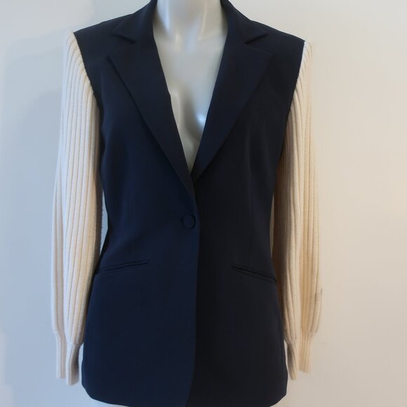 Womens Cinq A Sept 5a7 Navy Blue, Cream Ribbed Sleeve Blazer 4 - Picture 3 of 8